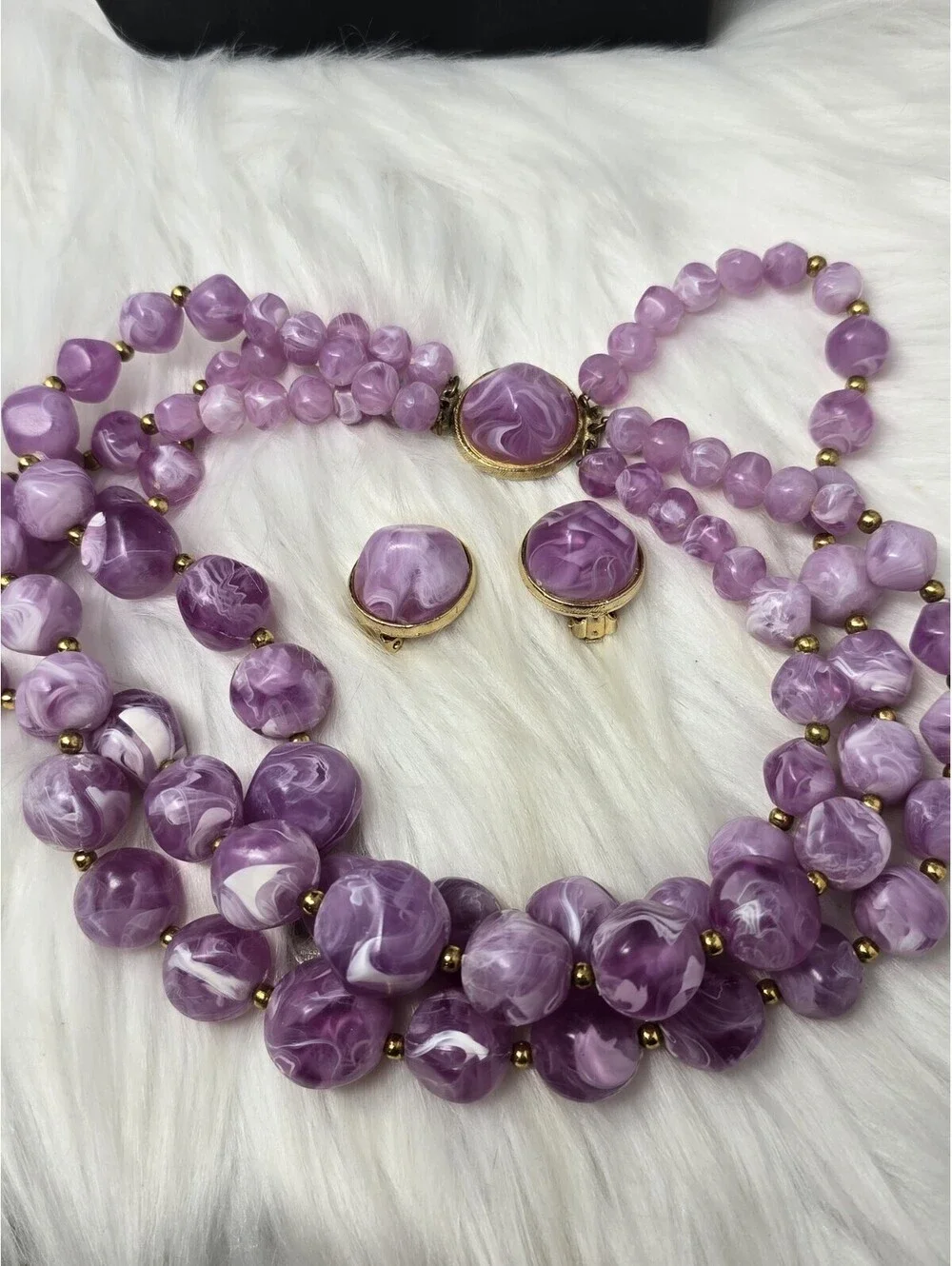 Vtg Kramer Signed Purple Marbled Lucite Bead Necklace Set